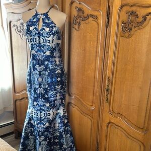 Xscape Blue and White floral Maxi Dress